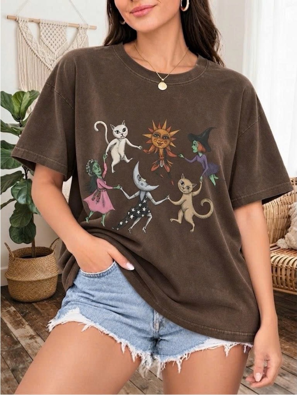 Vintage Brown Graphic Cat & Sun Dance T-Shirt